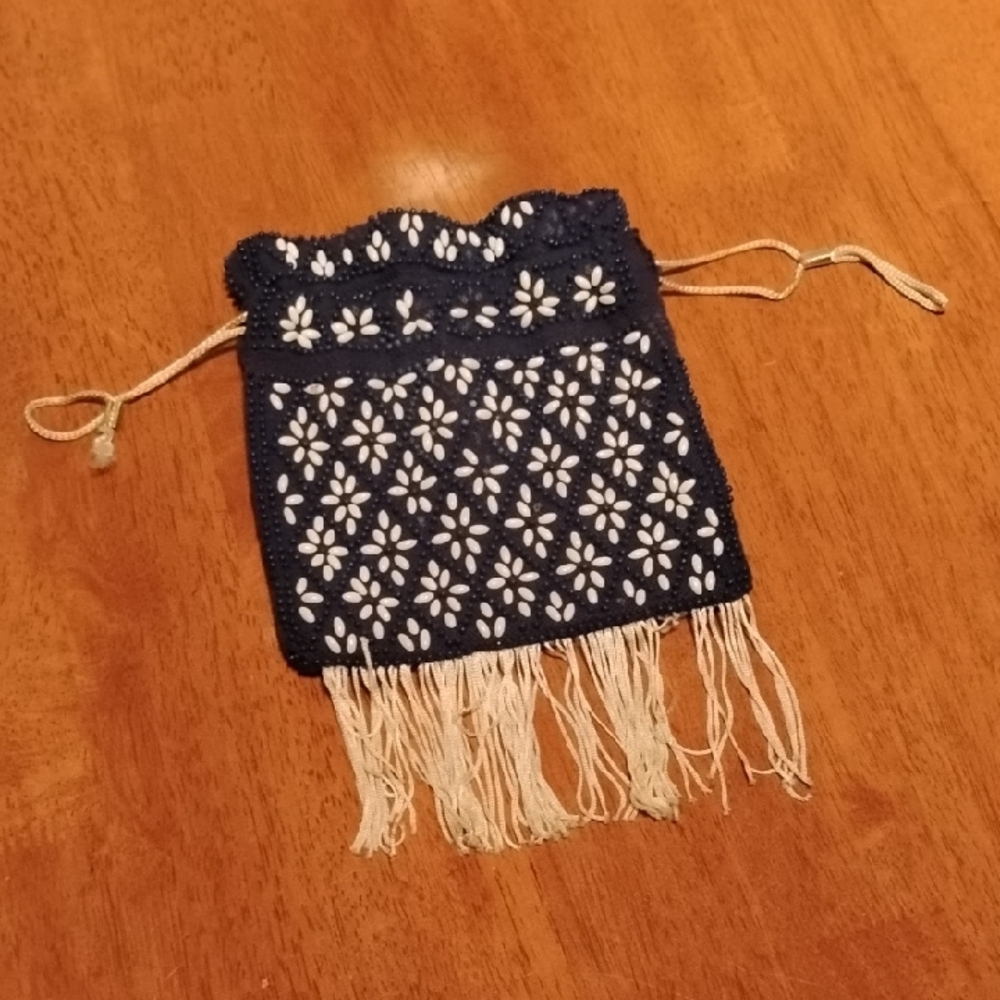Navy and Cream Crochet Fringe Bag